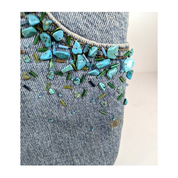 VTG Hand & Heart Walnut CA Hand MadeTURQUOISE Stones DENIM SHOULDER Bag BEADED - Picture 11 of 11